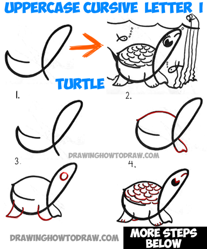 How to Draw Cartoon Underwater Turtle with Uppercase Cursive Letter I - Tutorial for Kids