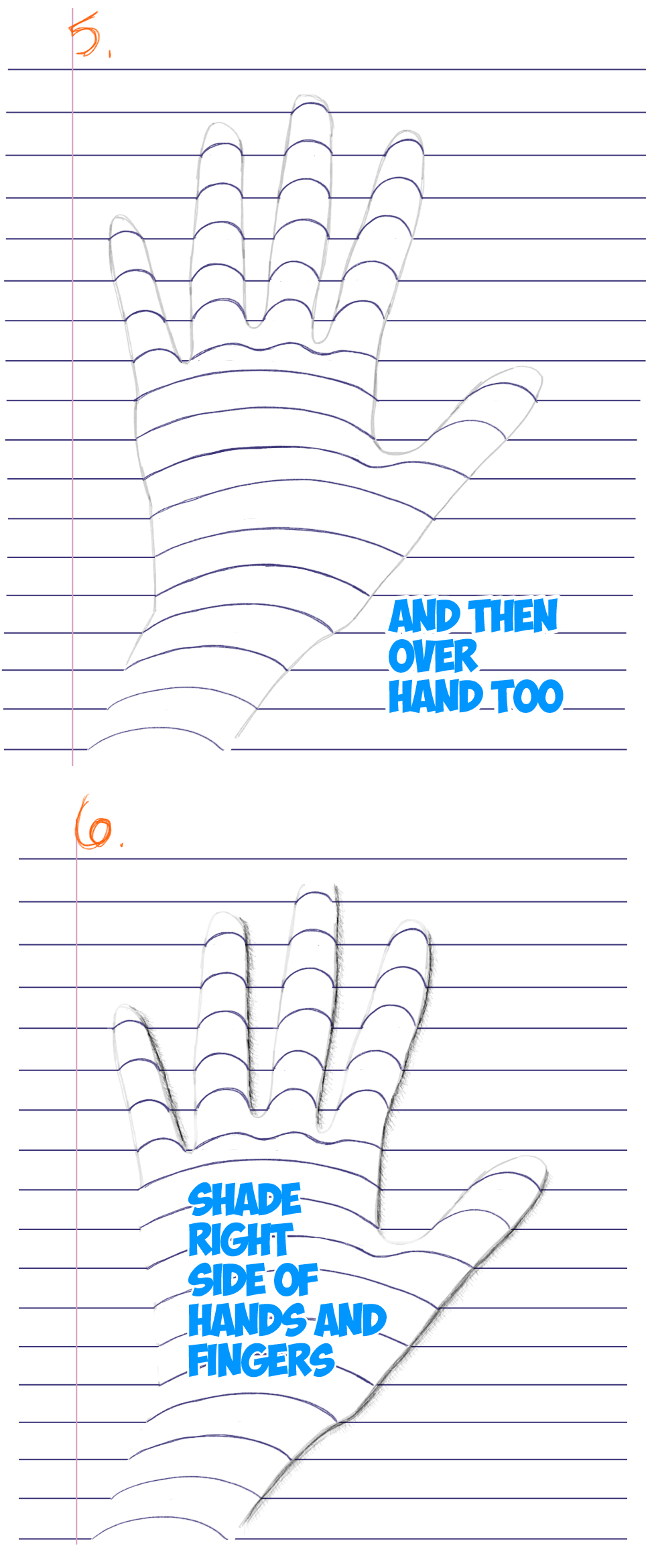 drawing 3-dimensional hands on notebook paper - step by step drawing tutorial