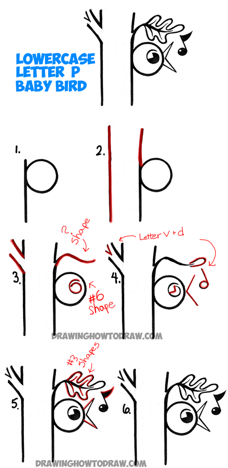 Learn How to Draw Baby Bird Singing in Tree from the Letter P - Simple Step by Step Drawing Lesson for Kids