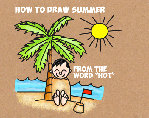 How to Draw a Cartoon Summer Beach Scene from the Word Hot - Easy Drawing Tutorial for Kids