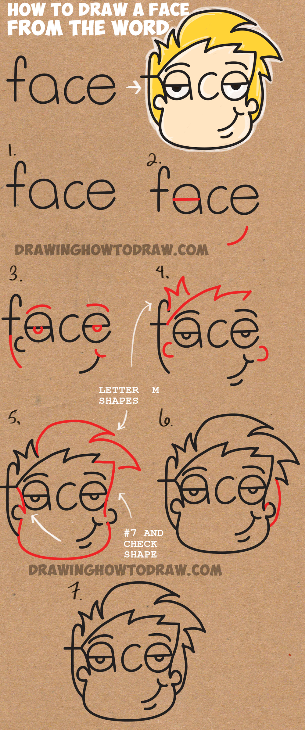 Learn How to Draw Cartoon Faces from the Word Face Simple Steps Drawing Lesson for Kids