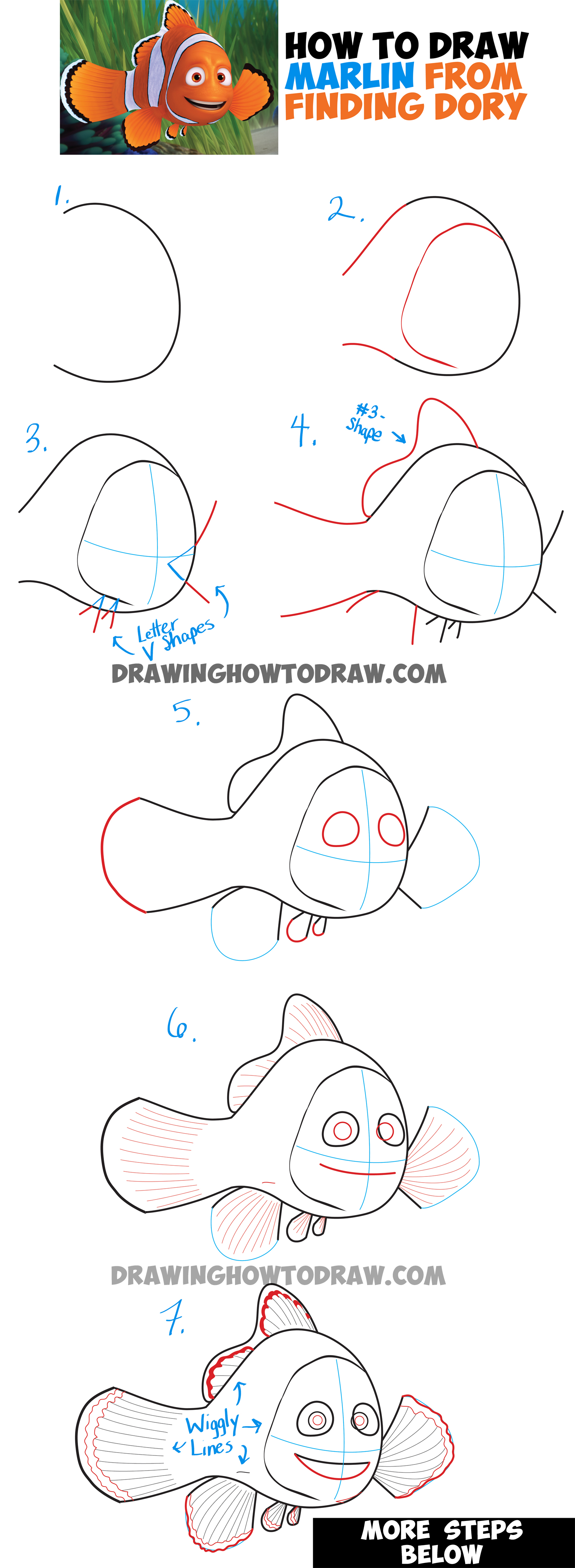 Learn How to Draw Marlin from Finding Dory and Finding Nemo - Simple Steps Drawing Lesson
