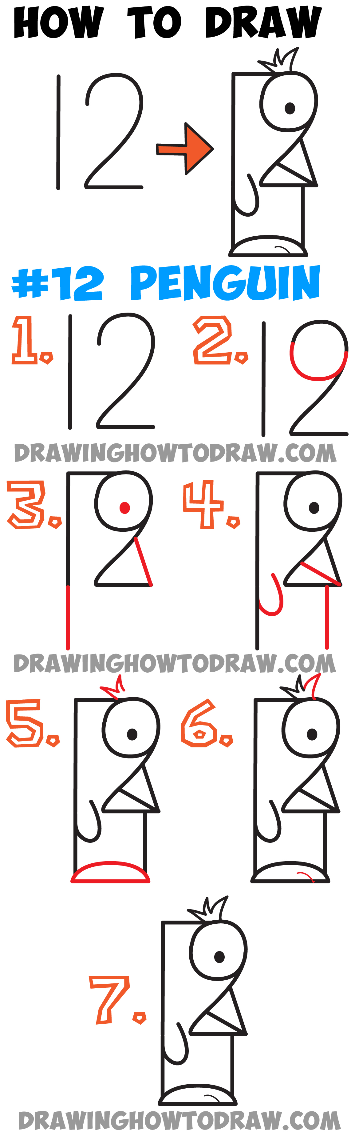 Learn How to Draw Cartoon Penguins from #12 - Simple Steps Drawing Lesson for Kids
