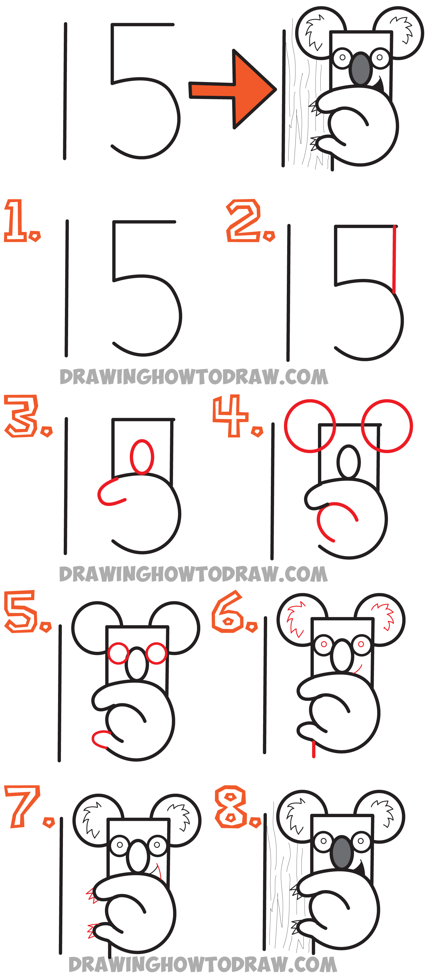 How To Draw A Cartoon Koala Bear From The Number 15 Easy Drawing Tutorial For Kids How To Draw Step By Step Drawing Tutorials