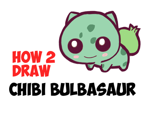 Learn How to Draw Cute Baby Chibi Bulbasaur from Pokemon in Simple Step by Step Drawing Tutorial