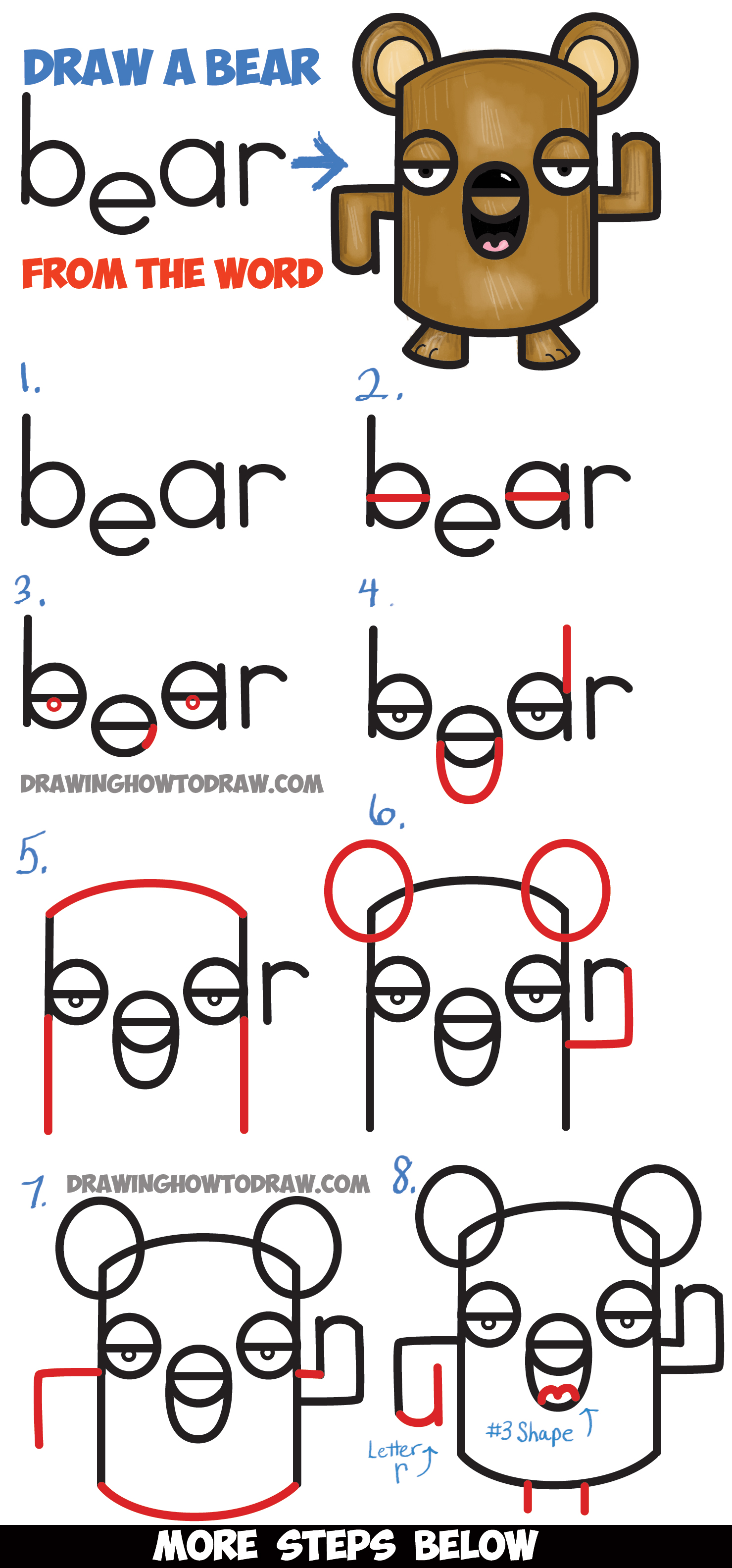 Learn How to Draw a Cartoon Bear from the Word Bear - Easy Step by Step Draiwng Lesson for Kids
