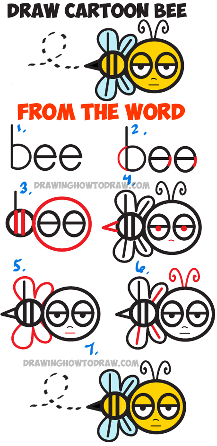 Learn How to Draw Cartoon Bee from the Word "bee" - Simple Steps Drawing Lesson