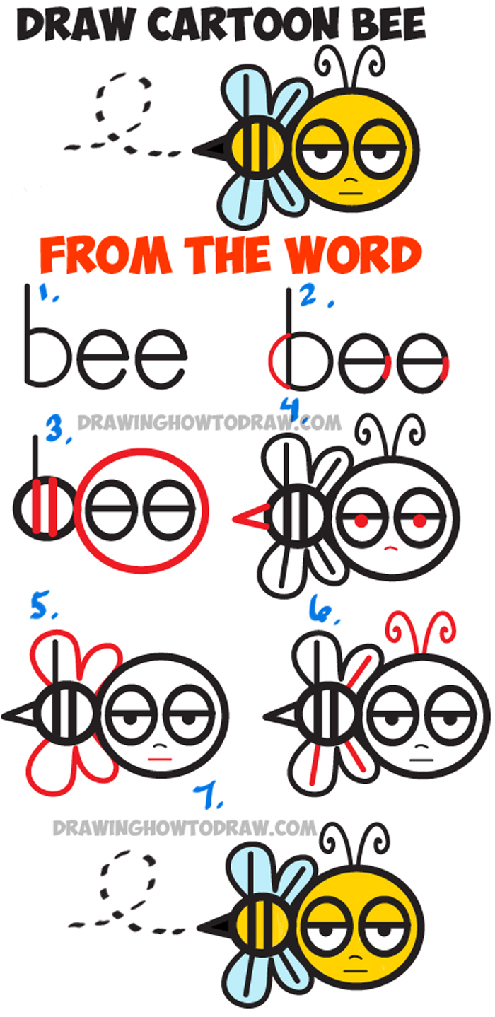 How to Draw Cartoon Bee from the Word “bee” – Easy Step by Step Drawing Tutorial – How to Draw 