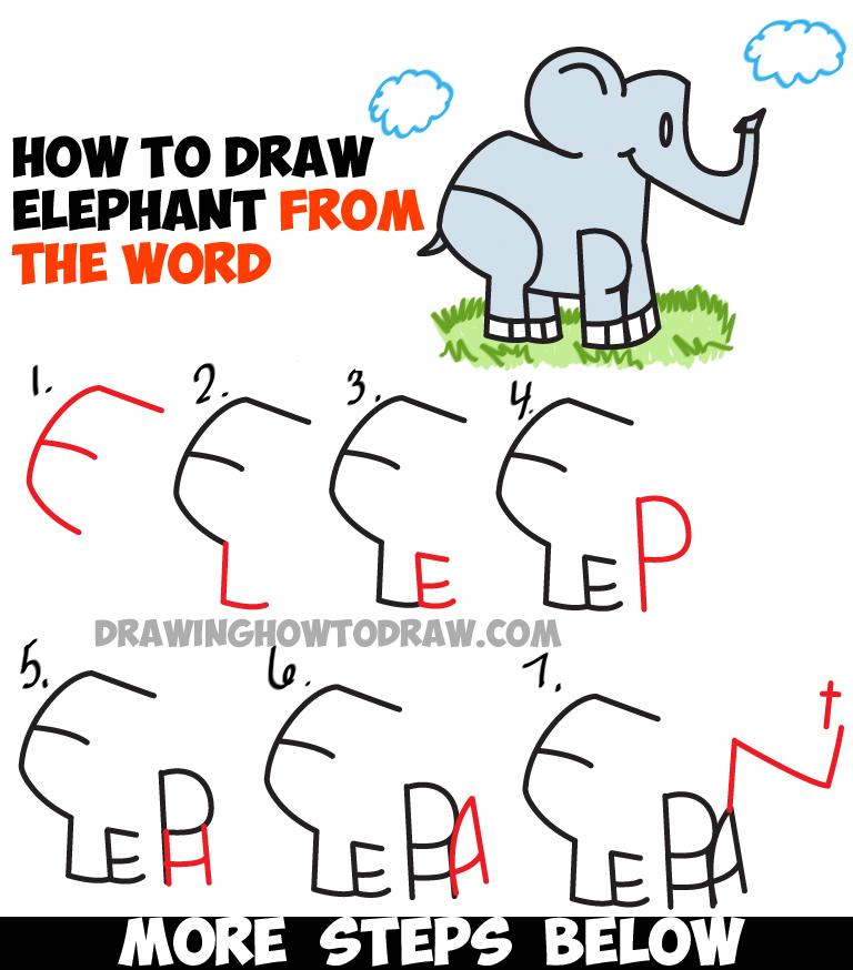 Learn How to Draw Cartoon Elephants from the word Elephant - Easy Word Cartoons Drawing Tutorial for Kids
