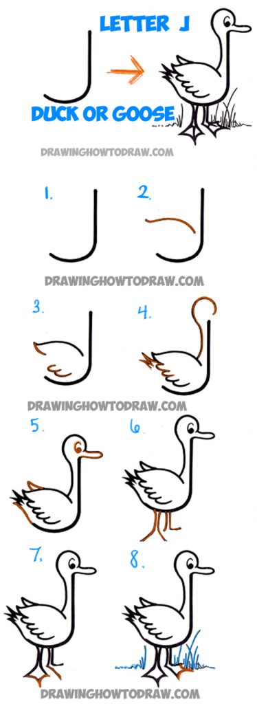 How to Draw Cartoon Goose or Duck from Letter J Shape - Easy Step by ...