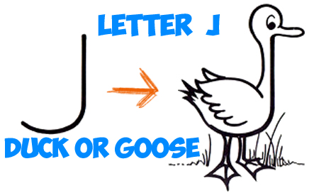 Learn How to Draw Cartoon Goose or Duck from Letter J Shape - Simple Steps Drawing Tutorial for Kids