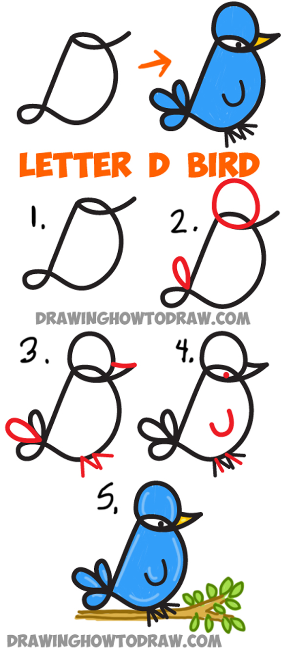 Learn How to Draw Cursive Uppercase Letter D Cartoon Bird - Simple Steps Drawing Lesson for Children
