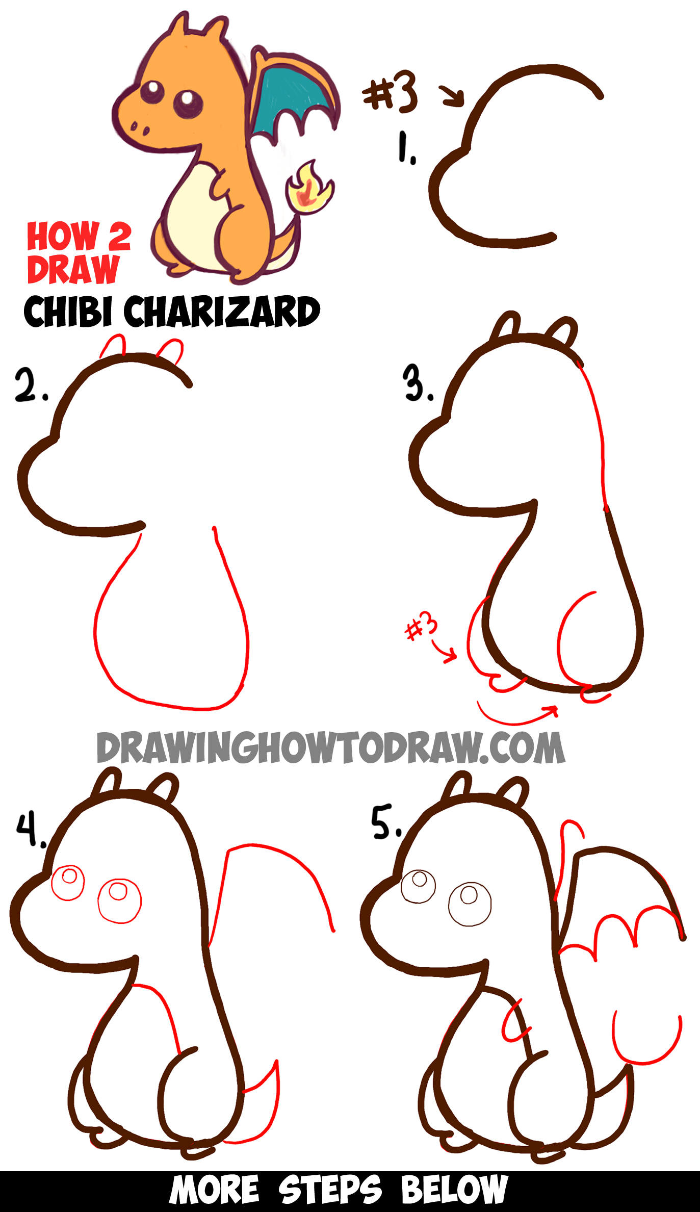 Learn How to Draw a Cute Baby Chibi Charizard from Pokemon in Simple Step by Step Drawing Lesson