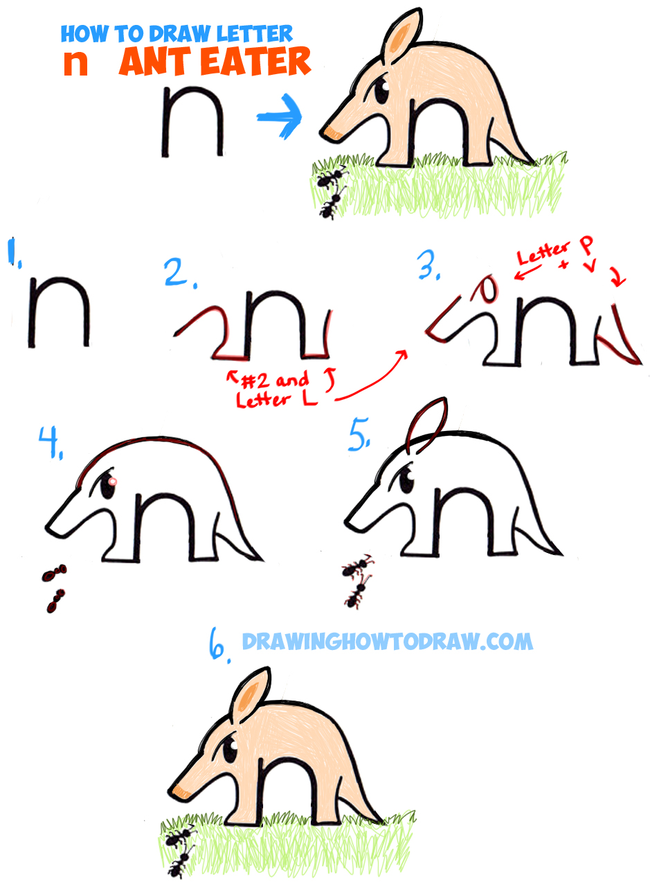 Learn How to Draw Cartoon Anteater from Lowercase Letter n - Simple Step by Step Drawing Tutorial for Kids