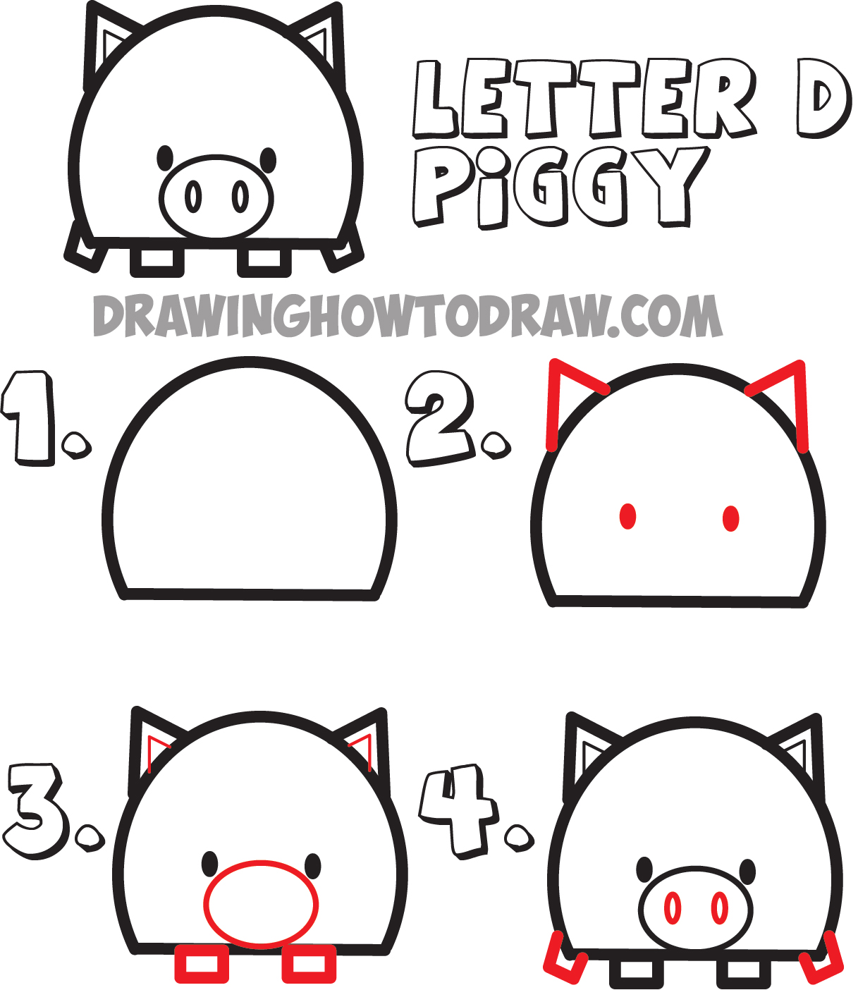 how to draw cartoon pigs from the letter D shape