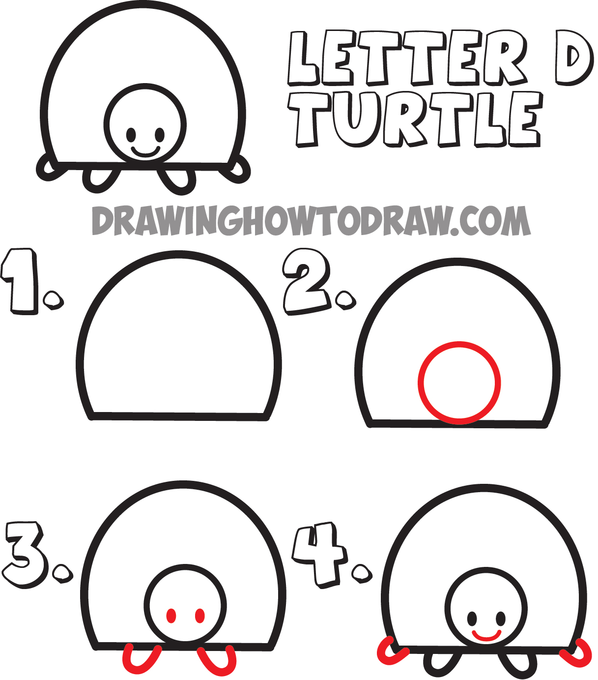 how to draw cartoon turtles from the uppercase letter D shape