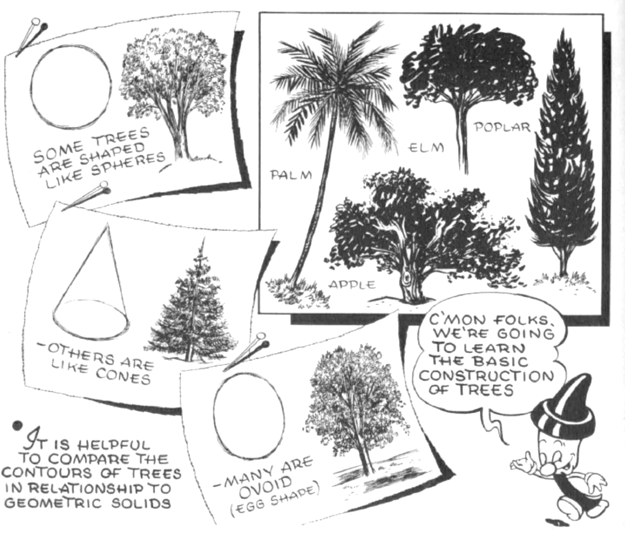 How to draw trees and nature with basic geometric shapes cone sphere cylinder