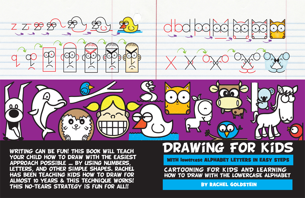 Drawing cartoons using lowercase letters - cartooning book for kids