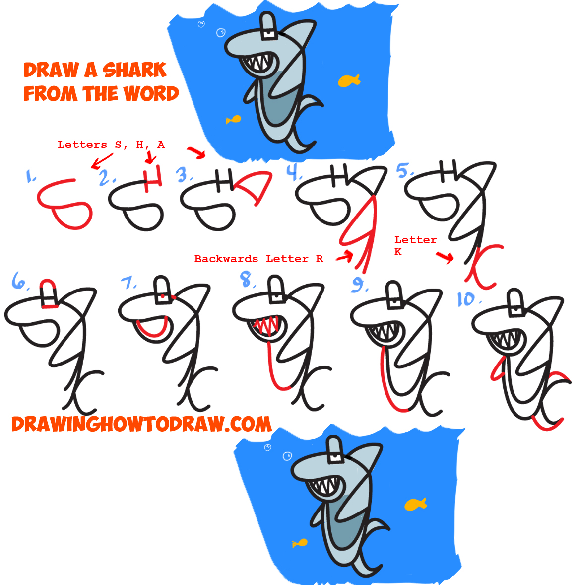 Learn How to Draw a Cartoon Shark from the Word - Easy Steps Word Cartoon Lesson