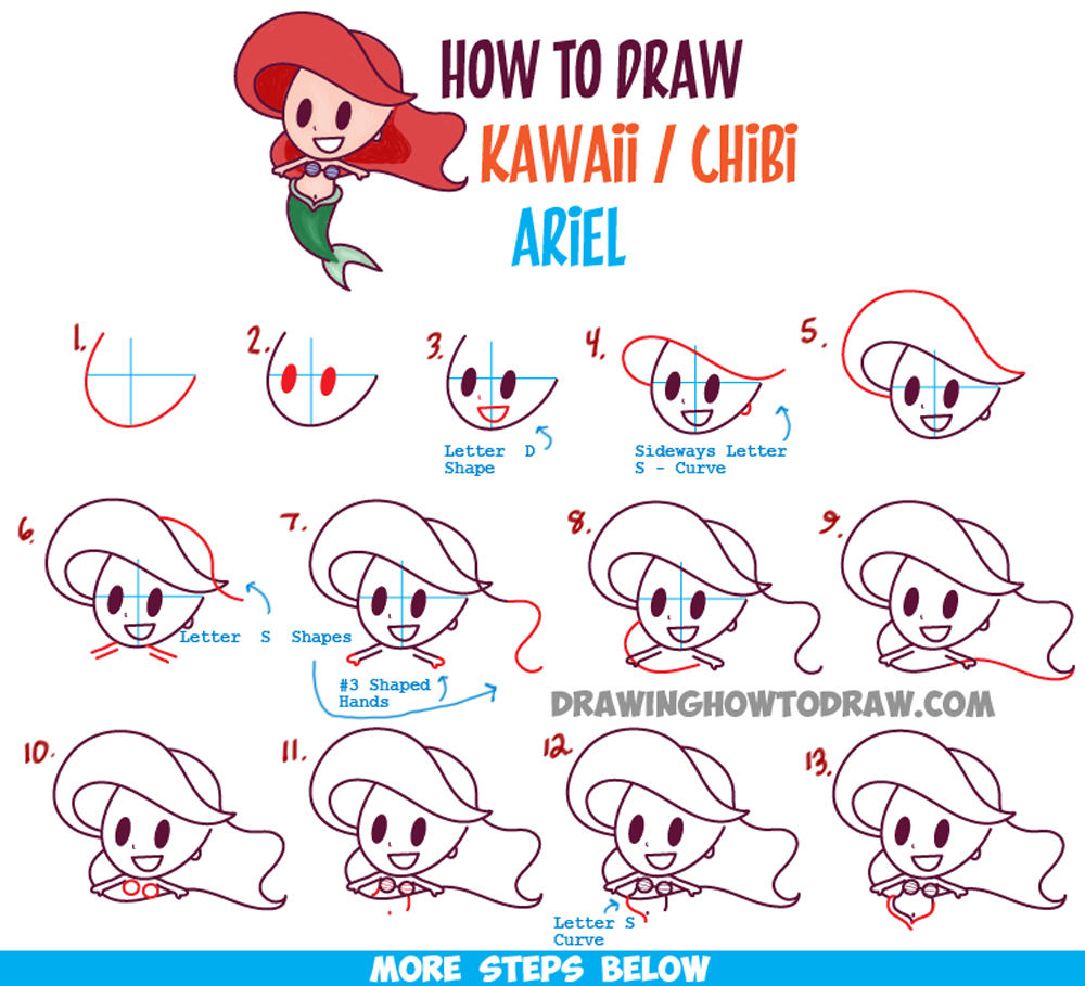 How to Draw Cute Baby Kawaii Chibi Ariel from Disney's The Little Mermaid