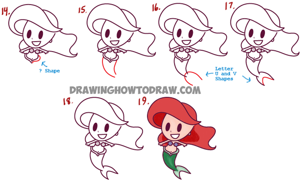 Learn How to Draw Cute Baby Kawaii Chibi Ariel from Disney's The Little Mermaid : Easy Step by Step Drawing Tutorial