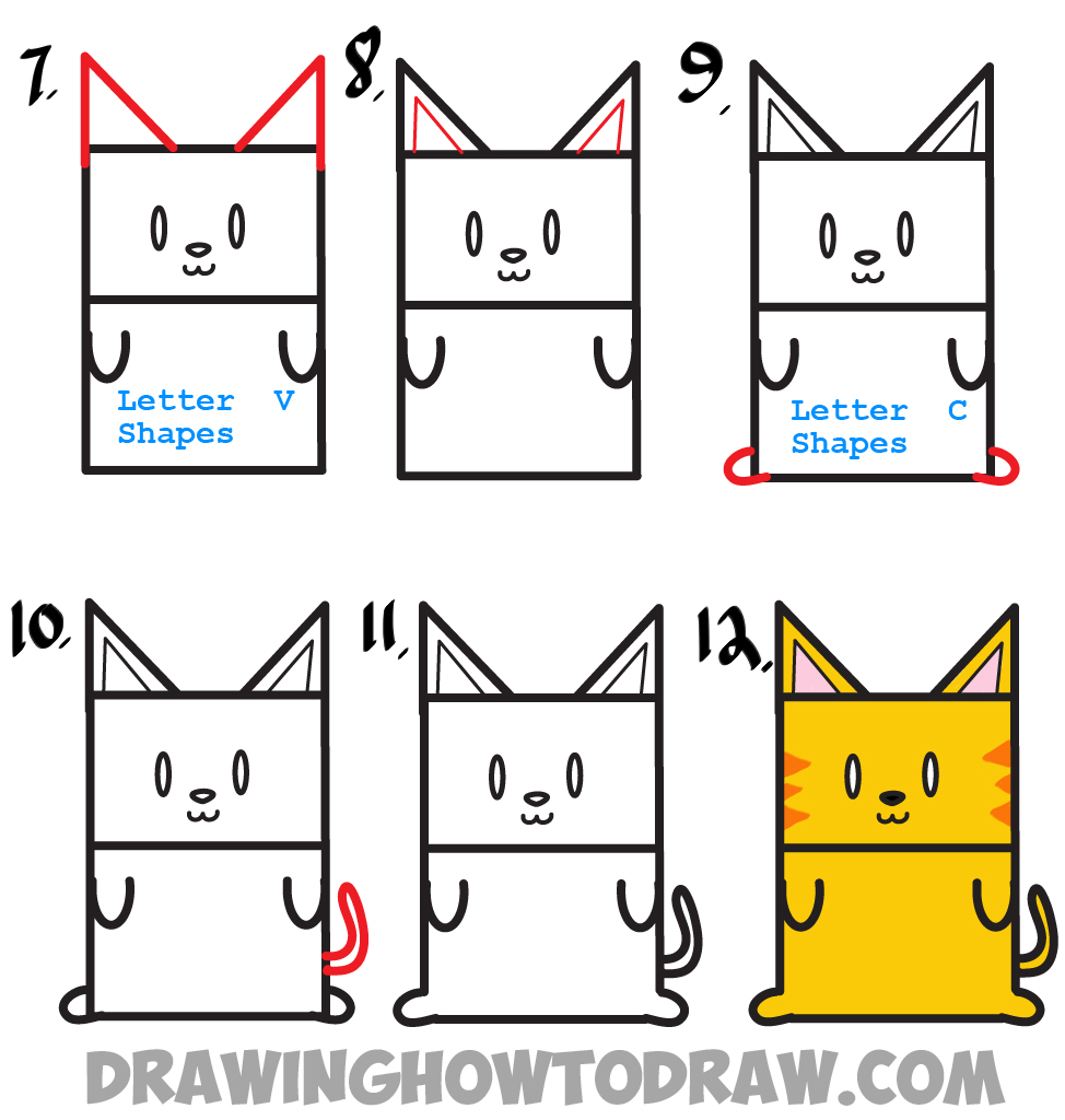 Learn How to Draw a Cartoon Kitty Cat from Uppercase Letter E : Step by Step Drawing Lesson for Kids