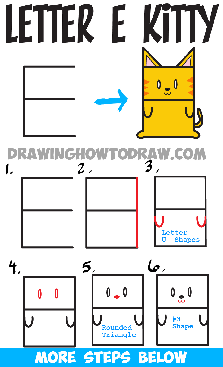 Learn How to Draw a Cartoon Kitty Cat from Uppercase Letter E : Step by Step Drawing Lesson for Kids