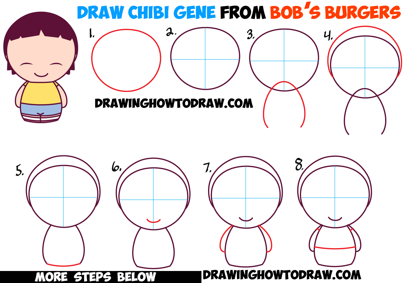 How to Draw Kawaii Chibi Gene from Bob's Burgers Simple Steps Drawing Lesson