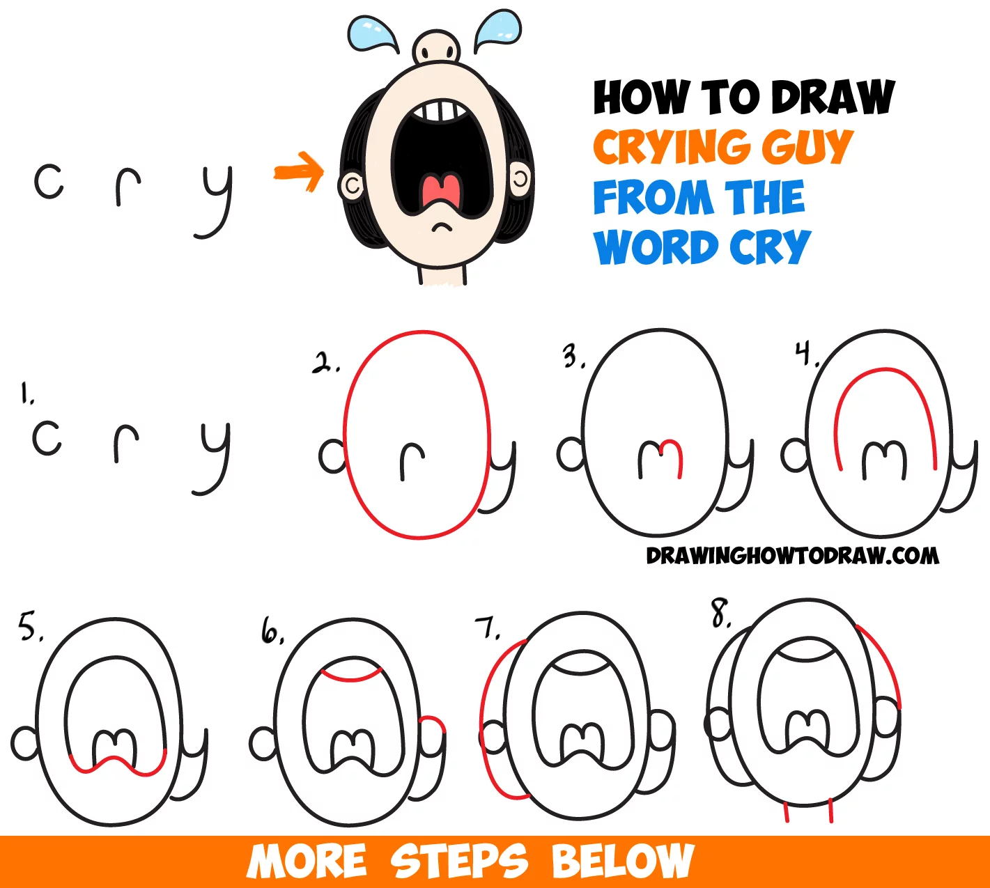 How to Draw Cartoon Crying Person from the Word Cry : Easy Step by Step  Drawing Tutorial for Kids - How to Draw Step by Step Drawing Tutorials