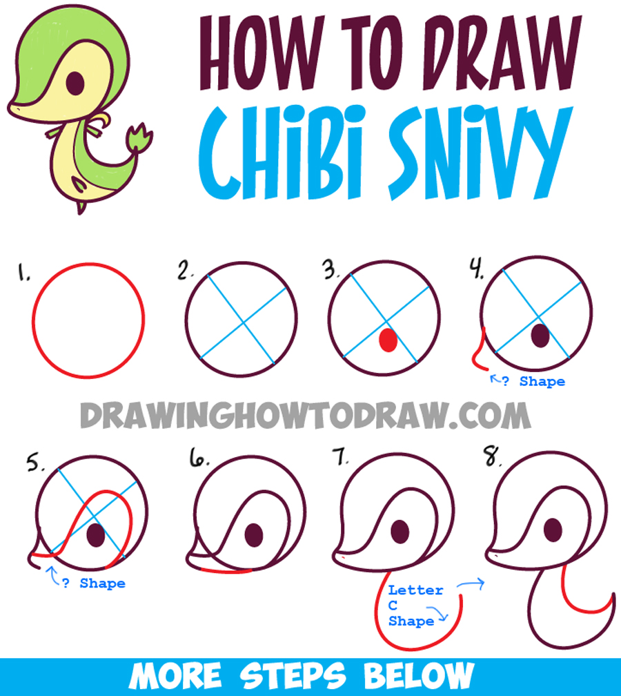Learn How to Draw Kawaii Chibi Snivy from Pokemon - Simple Steps Drawing Lesson
