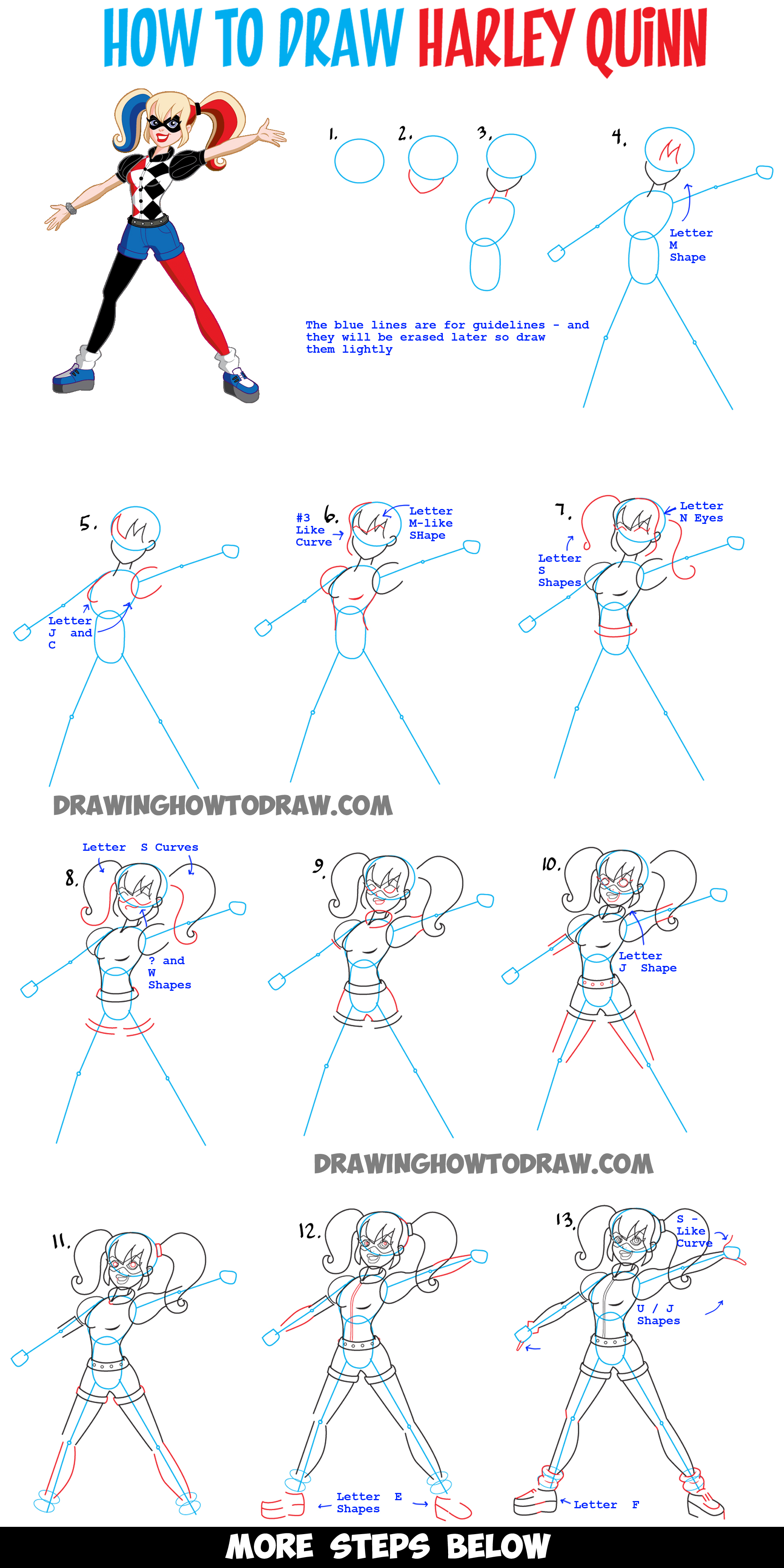 How to Draw Harley Quinn from DC Suicide Squad - Easy Step by Step Drawing Tutorial