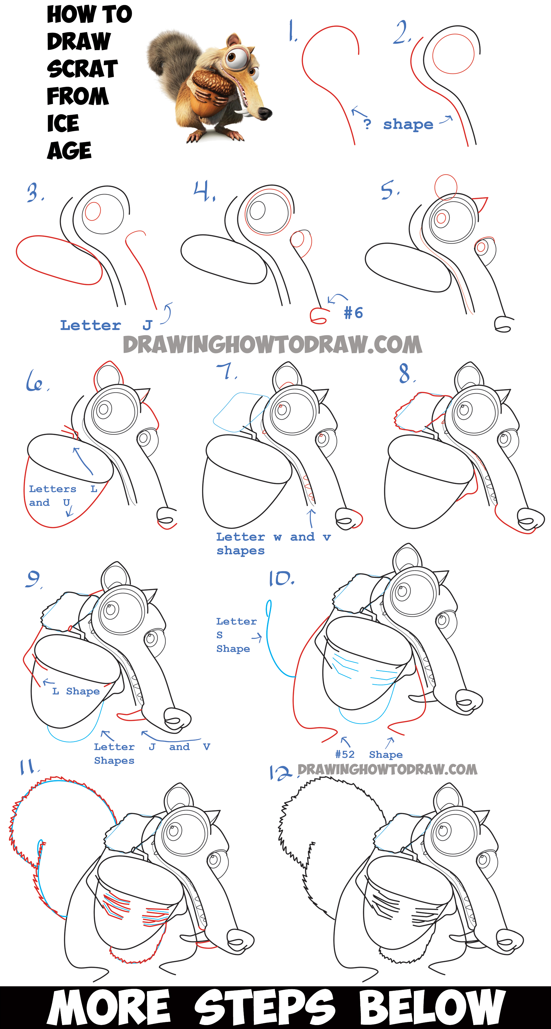 How to Draw Scrat the Squirrel from Ice Age - Step by Step Drawing Tutorial