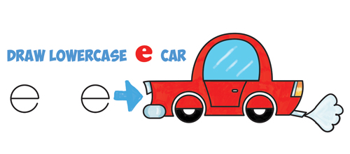 How to Draw a Cartoon Car from Lowercase Letter e Shapes - Easy Drawing Tutorial for Kids