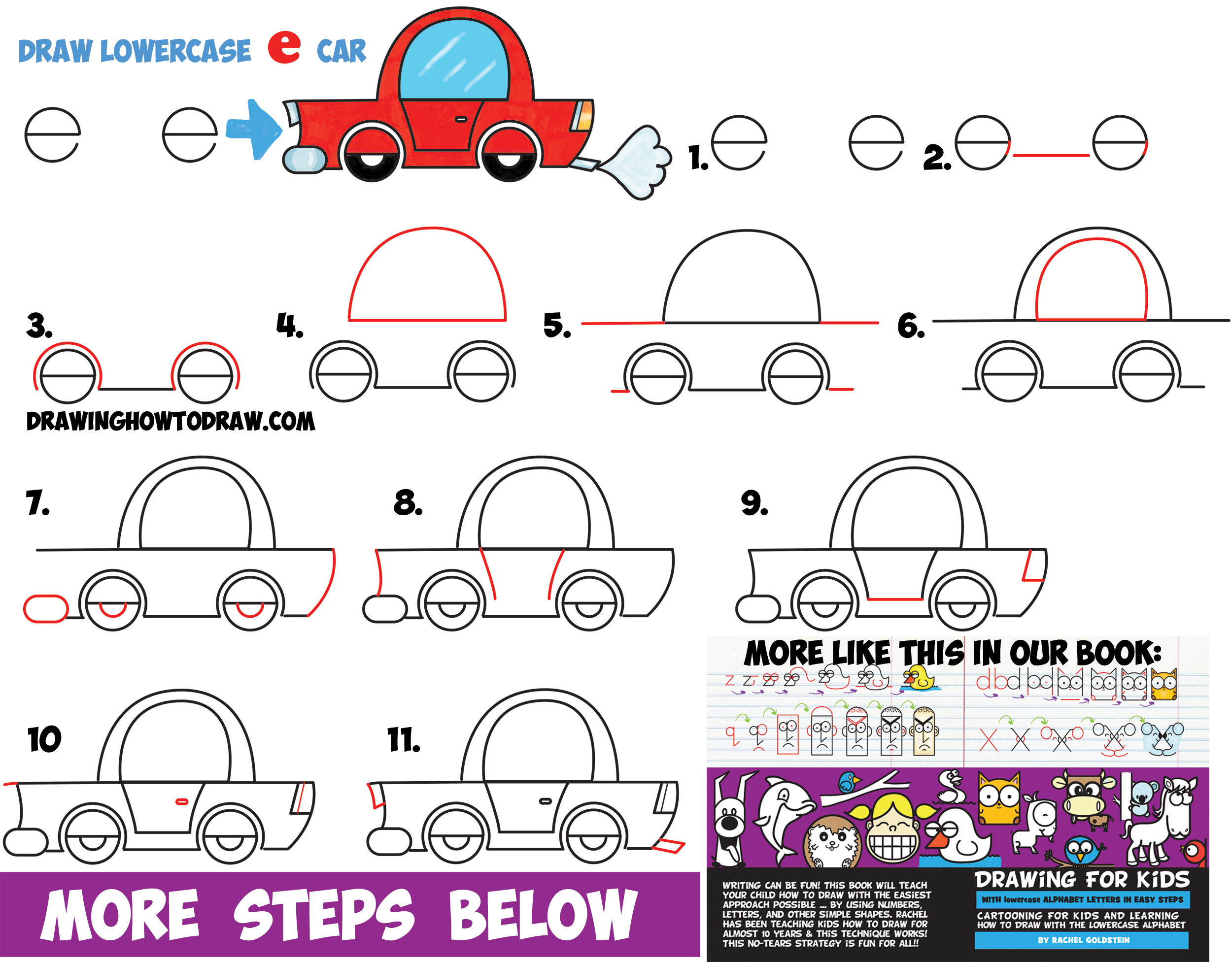 How To Draw A Cartoon Car From Lowercase Letter E Shapes Easy Drawing Tutorial For Kids How To Draw Step By Step Drawing Tutorials