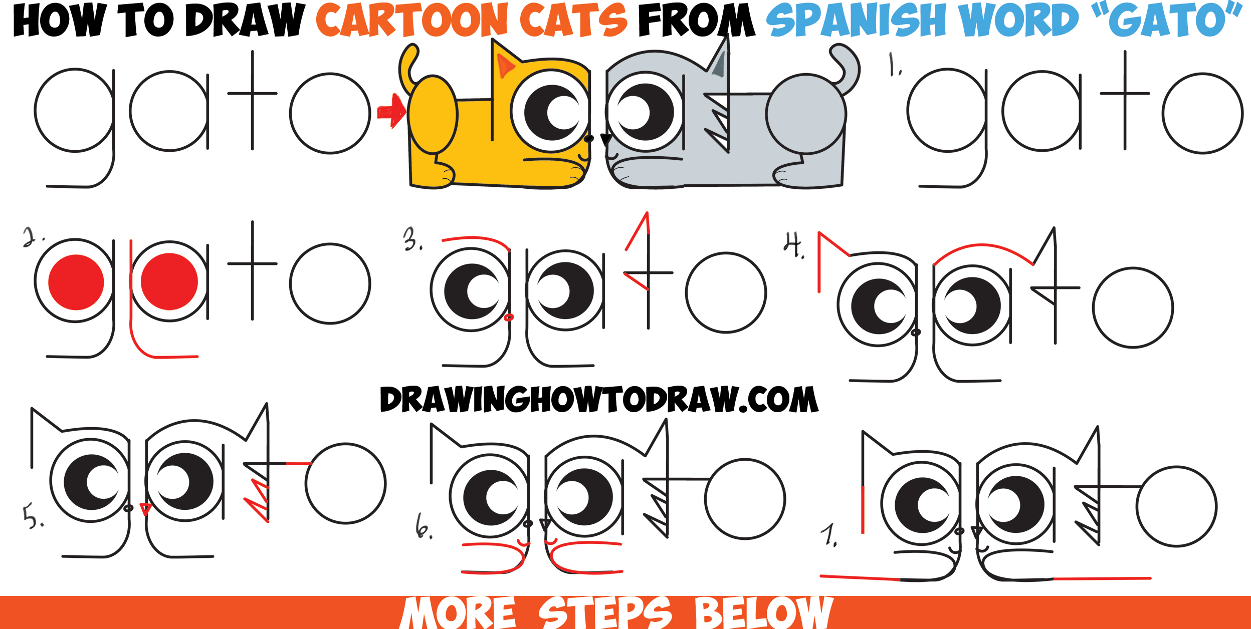 How to Draw Cartoon Cats from the Spanish Word Gato - Easy Step by Step Drawing Tutorial for Kids