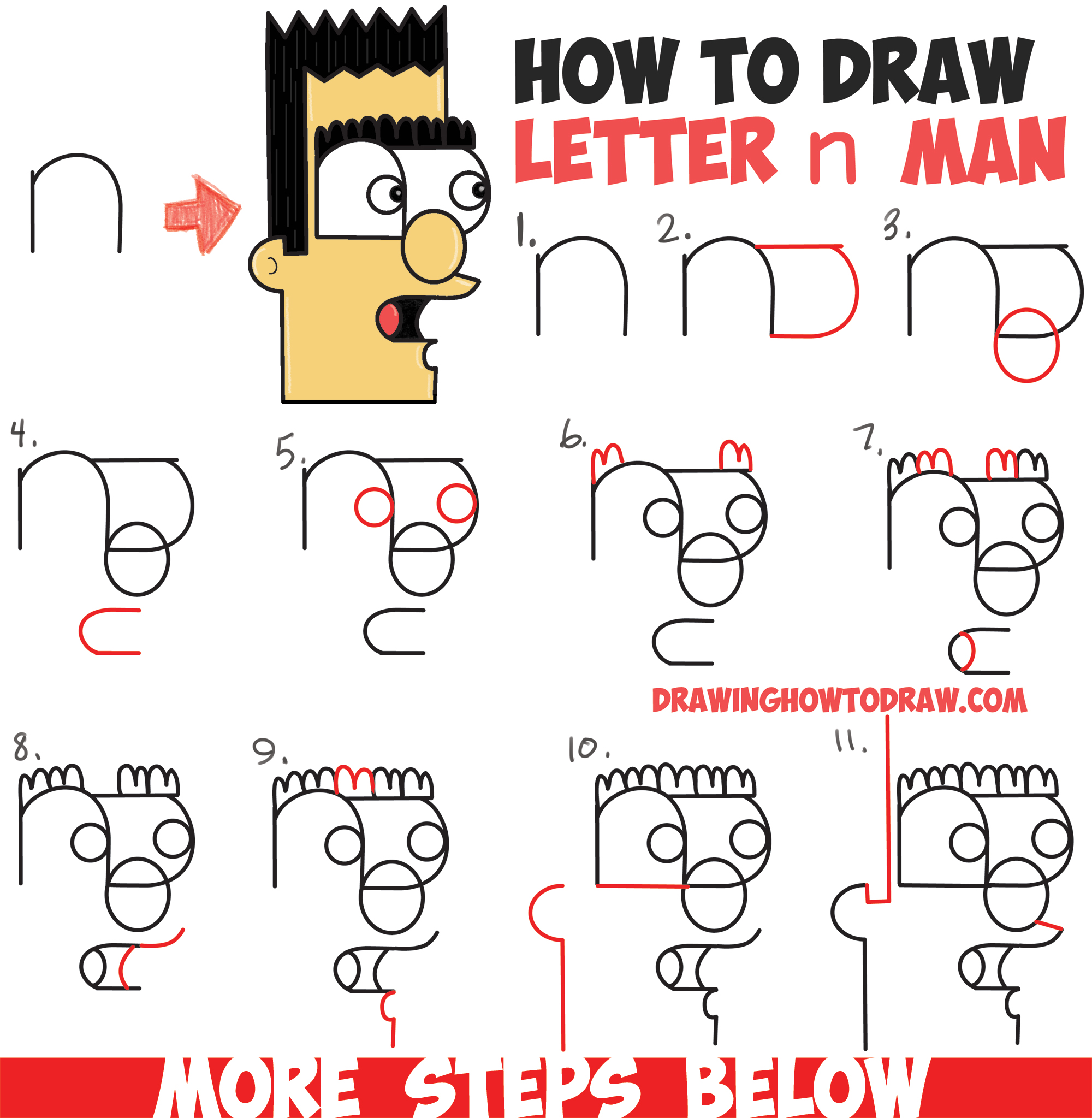 How to Draw a Cartoon Man from Lowercase Letter n in Easy Steps Drawing Lesson for Kids