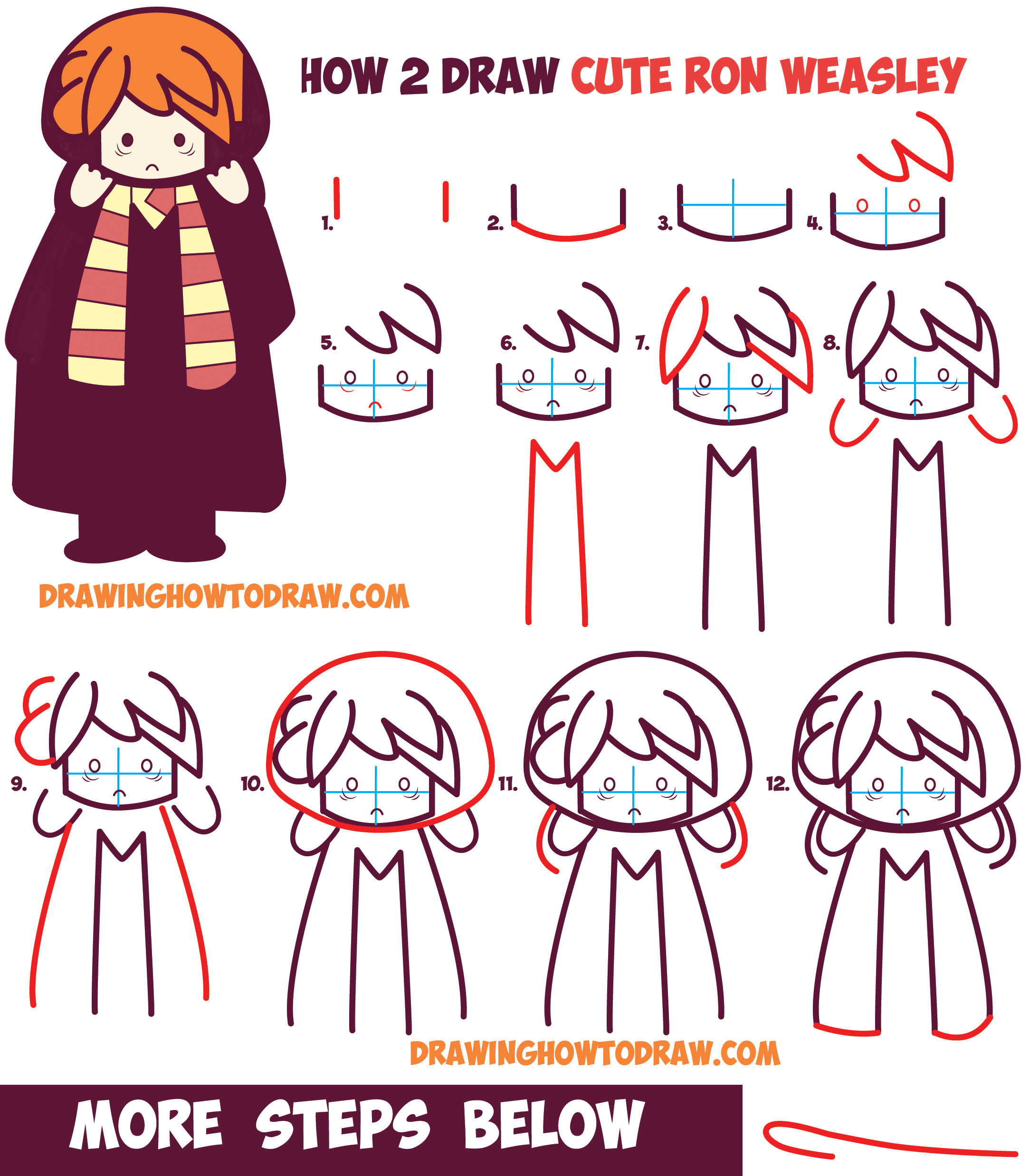 How to Draw Cute Ron Weasley from Harry Potter (Chibi / Kawaii) Easy Step by Step Drawing Tutorial