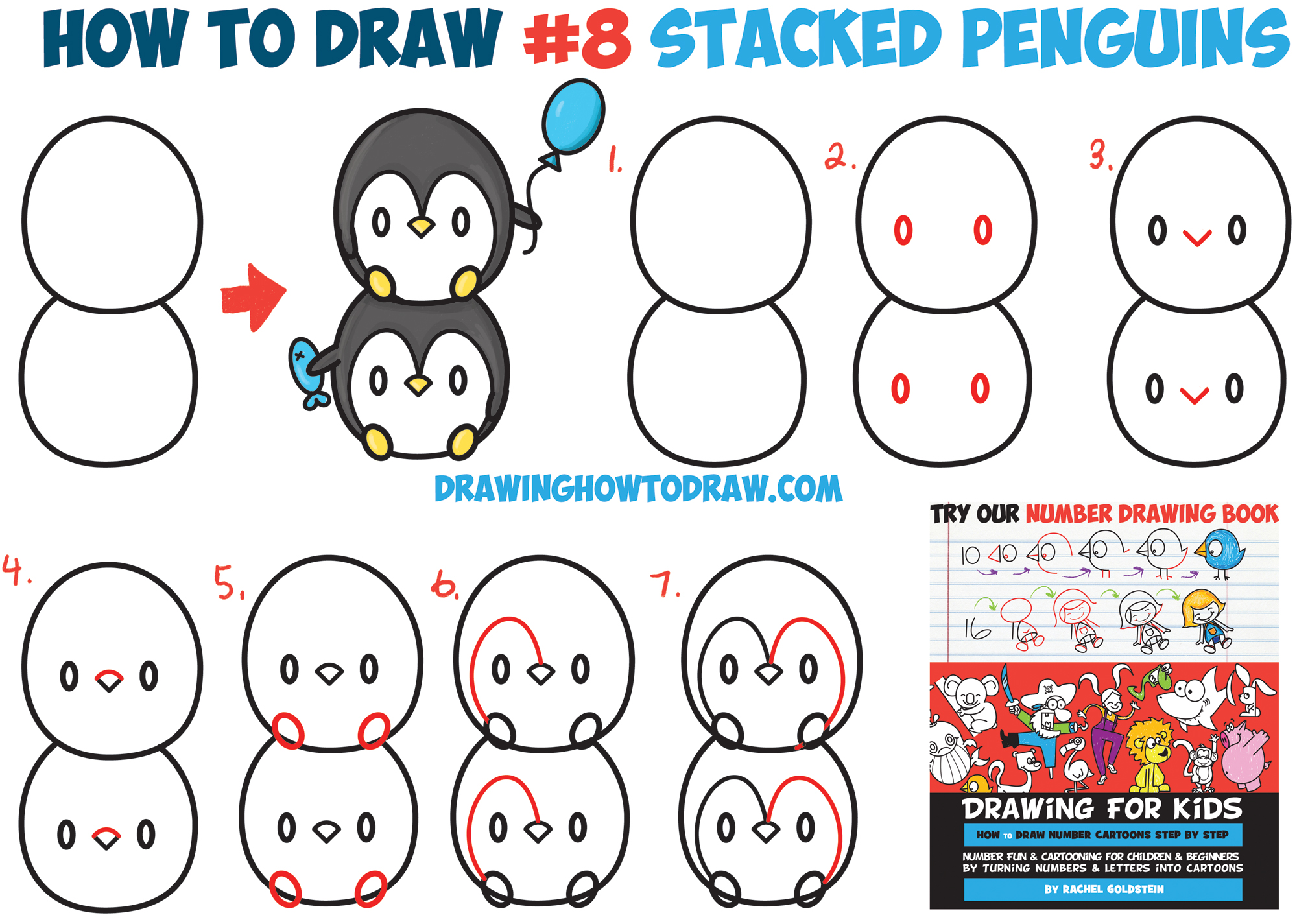 How to Draw Cute Kawaii Penguins Stacked from #8 with Easy Step by Step Drawing Tutorial for Kids and Beginners