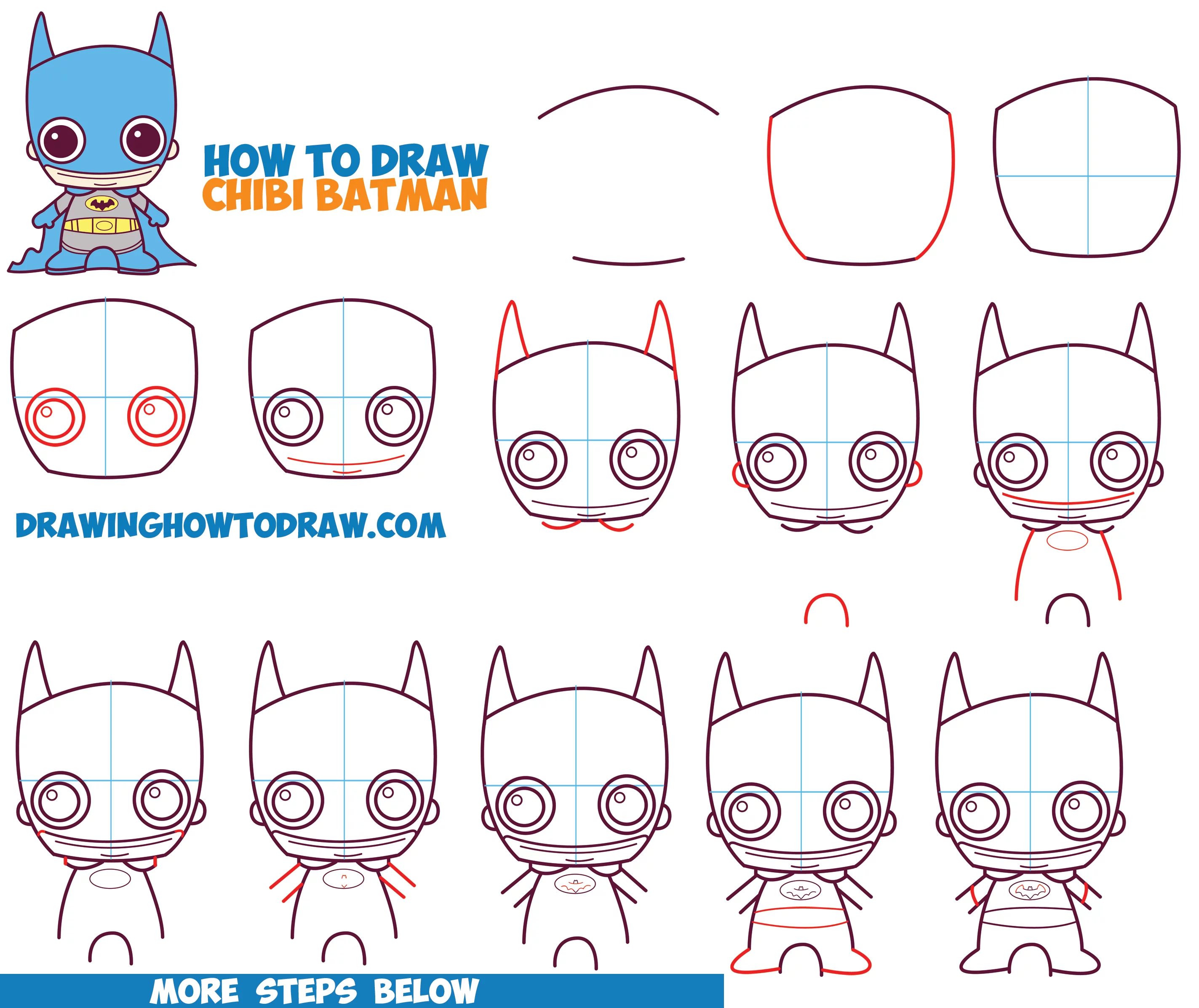 Como Desenhar Bonito Chibi Batman da DC Comics em instruções Passo-a-Passo Tutorial de Desenho para Crianças