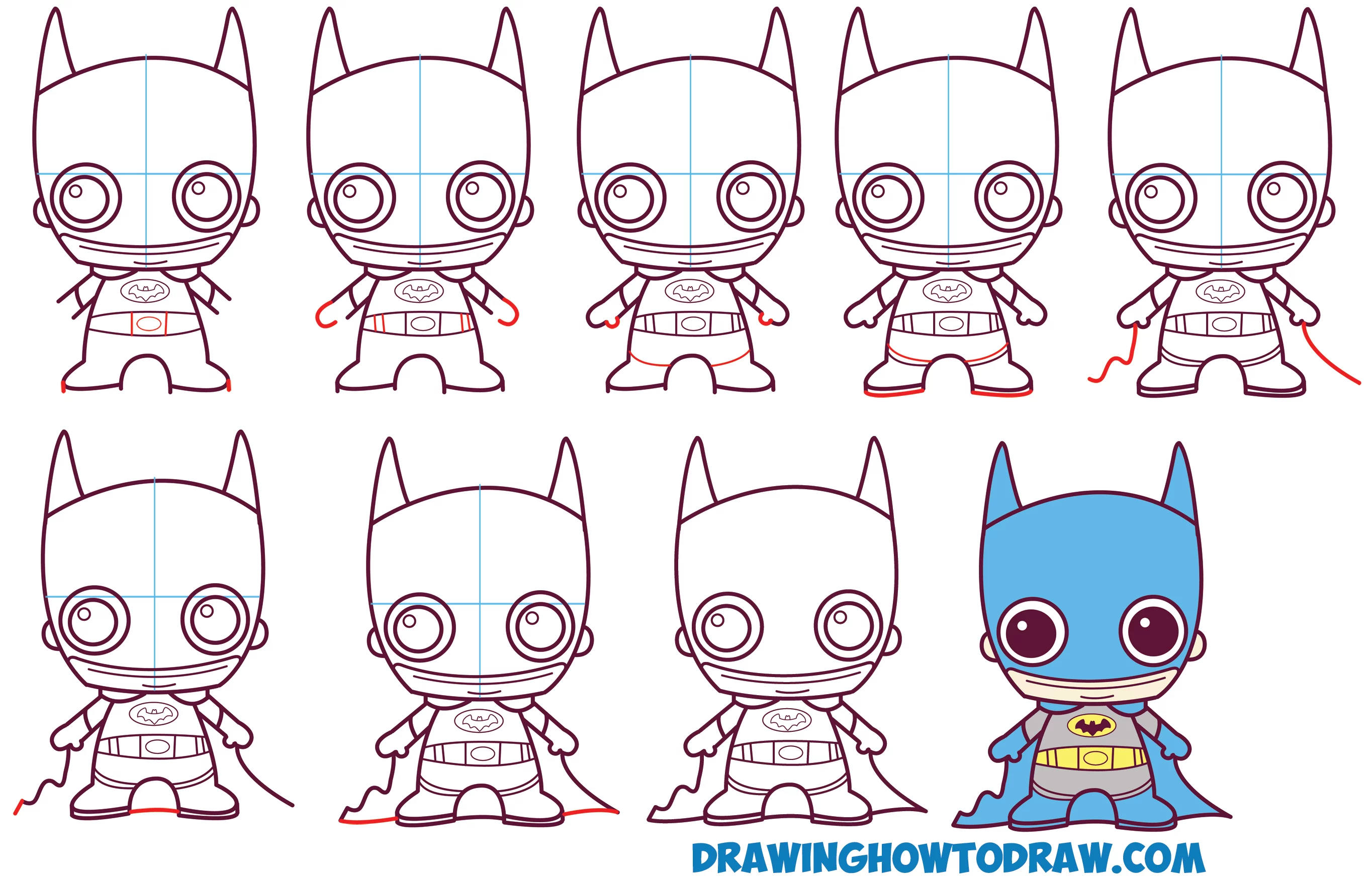 lär dig att rita söt / Baby / Kawaii / Chibi Batman från DC Comics i enkla steg ritning lektion för barn