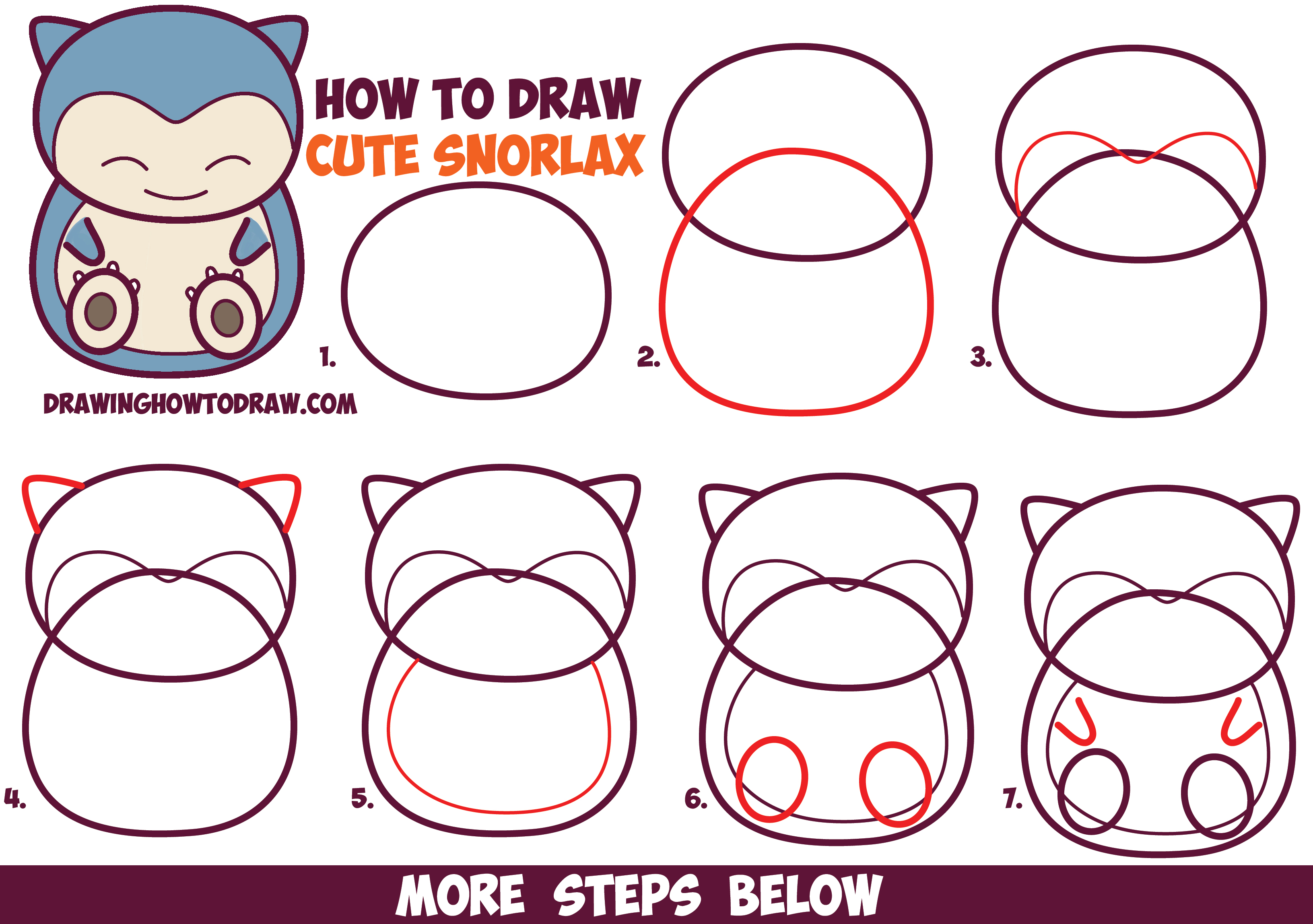 How to Draw Cute Snorlax (Chibi / Kawaii) from Pokemon in Easy Step by ...