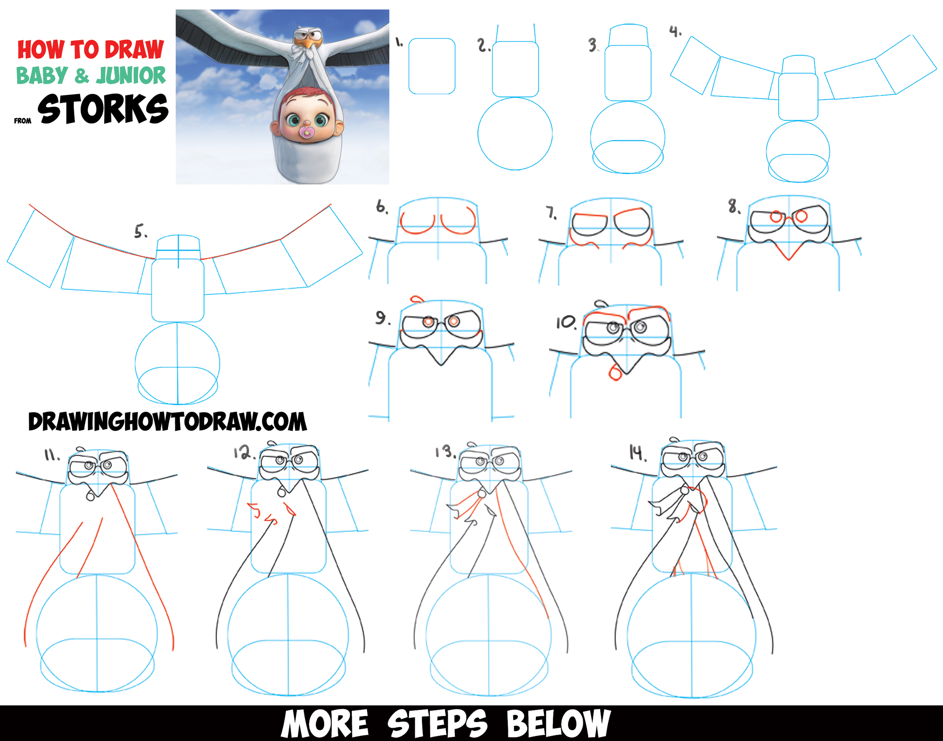 How to Draw The Baby and the Stork Junior from Storks, the Movie - Easy Step by Step Drawing Tutorial