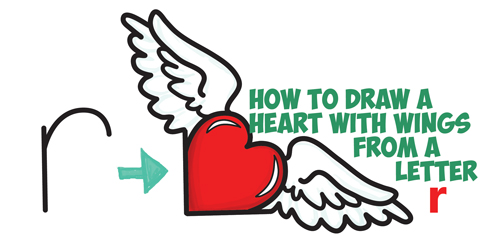 How to Draw Heart with Wings from Lowercase Letter r Shapes - Easy Step by Step Drawing Tutorial