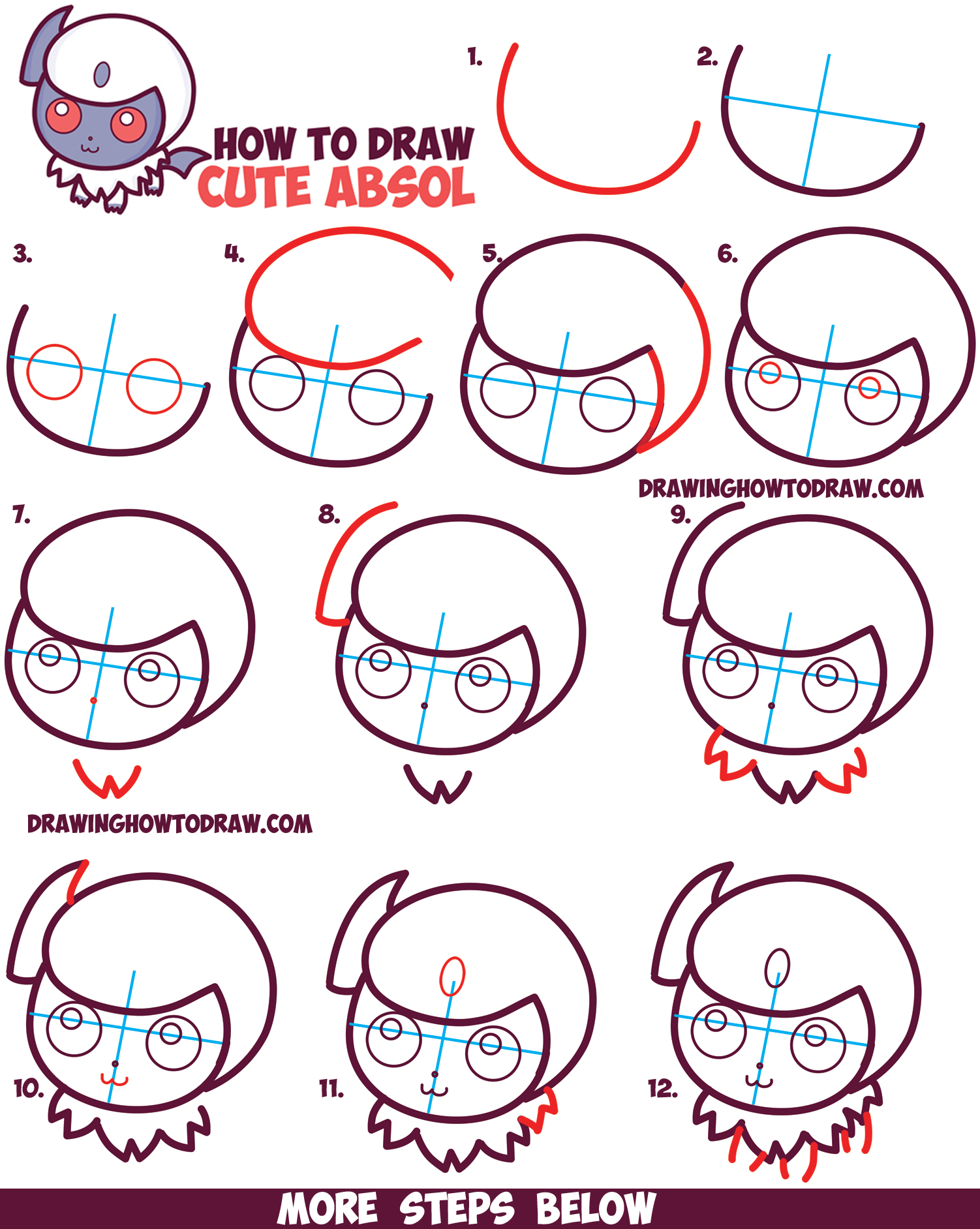 How to Draw Absol from Pokemon (Cute / Kawaii / Chibi) Easy Step by Step Drawing Tutorial for Kids