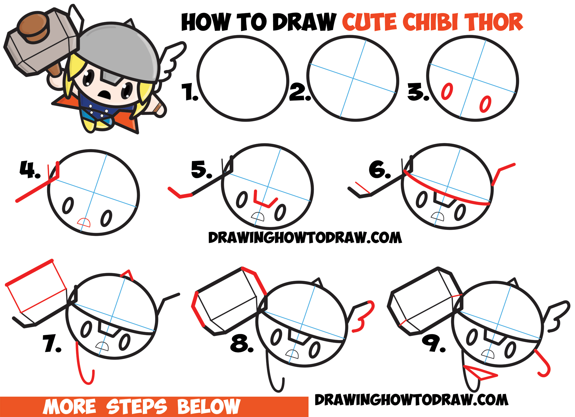 How to Draw Cute Chibi Kawaii Thor from Marvel Comics in Easy Steps Drawing Tutorial