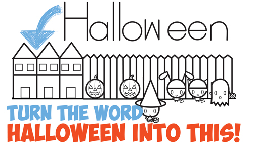 How to Draw Halloween Trick or Treating Scene from the Word (Word Toons Easy Drawing Tutorial for Kids)