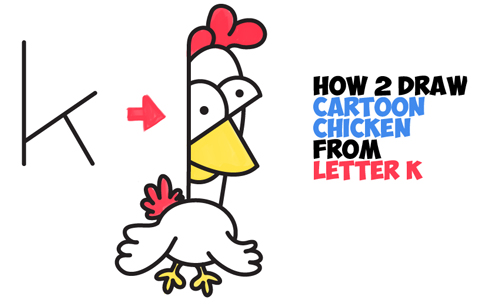 How to Draw Cartoon Chickens / Roosters from Lowercase Letter K Shape - Easy Drawing Tutorial for Kids