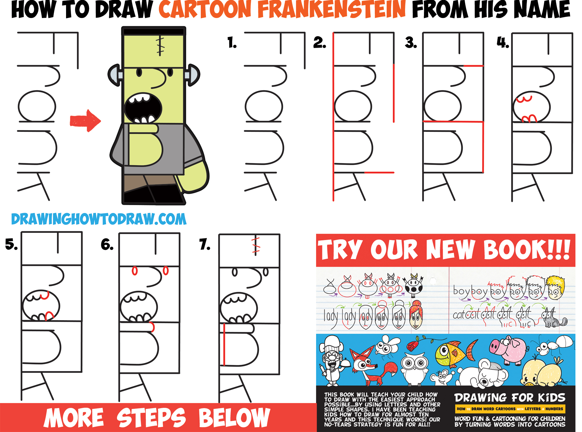 How to Draw Cartoon Frankenstein's Monster from "Frank" Word Cartoons Easy Step by Step Drawing Tutorial for Kids