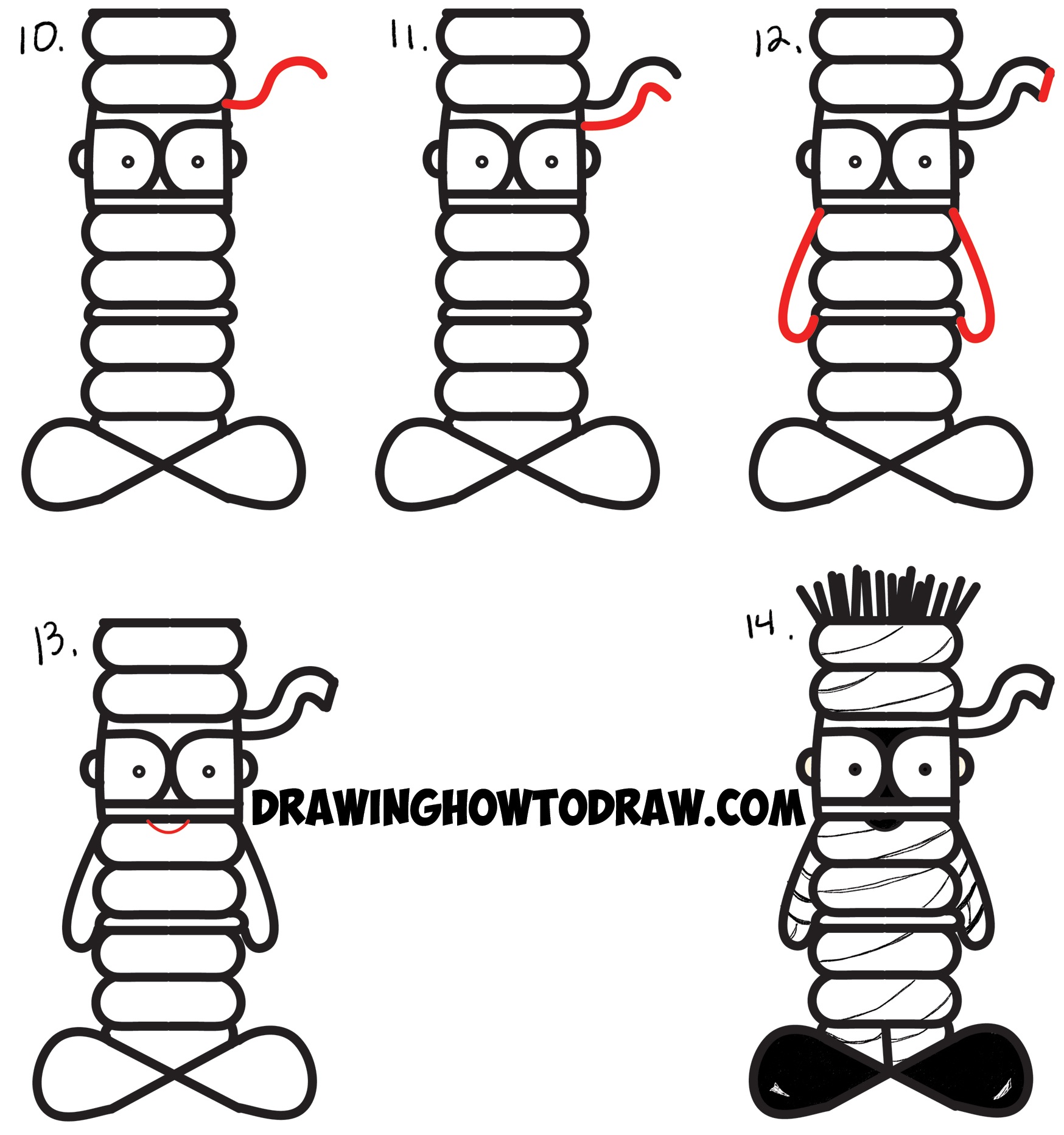 Learn How to Draw a Cartoon Mummy Word Toon / Cartoon - Simple Steps Drawing Lesson for Kids on Halloween