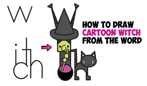 How to Draw Cartoon Witch and Black Cat Word Toons Easy Step by Step Drawing Tutorial for Kids